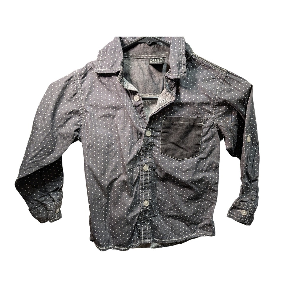 Quad Seven Button Down Shirt Boys 5/6 Black Polka Dot Excellent Roll-Tab Denim